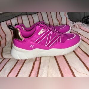 Pink and White Sneakers with Gold Accents sports illustrated size 11 shoes